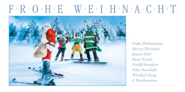 Grußkarte FROHE WEIHNACHTEN - Weihnachtsmann auf Ski - mehrsprachig - Ansicht 3