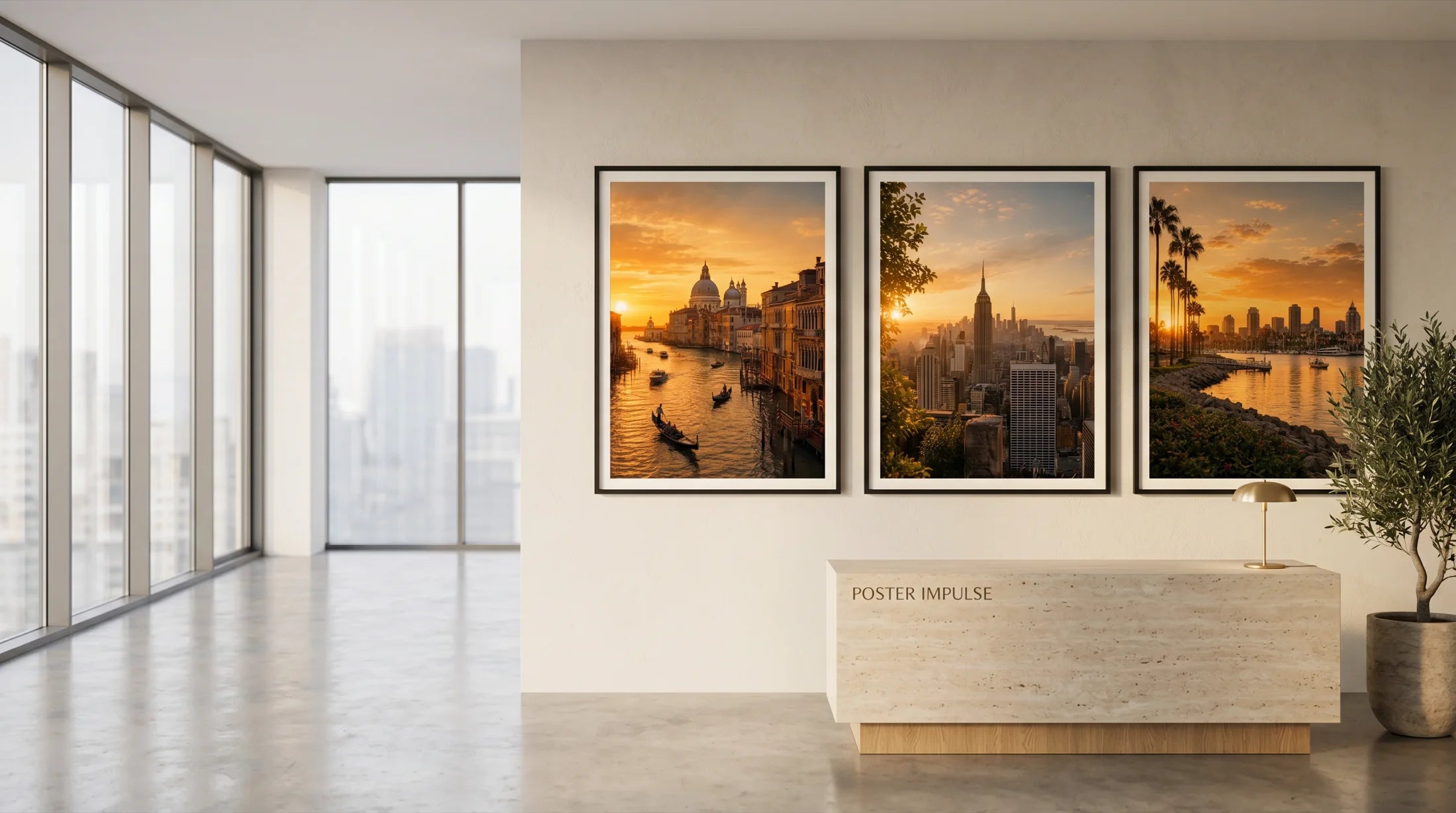 Premium Wandgestaltung im Empfangsbereich mit echten Poster-Impulse-Städtemotiven