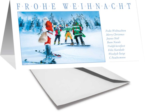 Grußkarte FROHE WEIHNACHTEN - Weihnachtsmann auf Ski - mehrsprachig - Ansicht 2