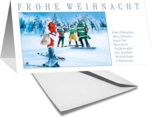 Grußkarte FROHE WEIHNACHTEN - Weihnachtsmann auf Ski - mehrsprachig - Ansicht 2