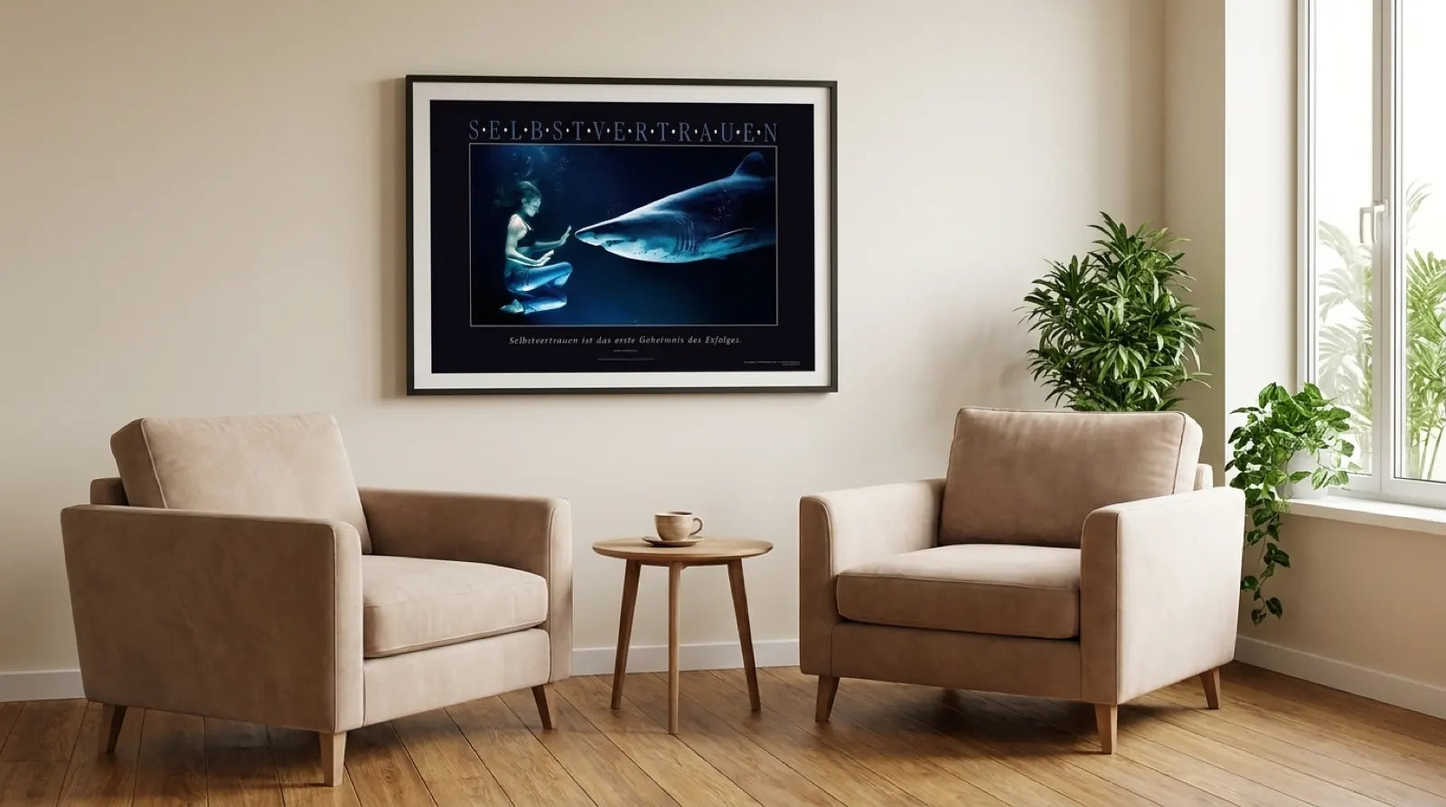Mockup Coaching-Raum mit SELBSTVERTRAUEN-Poster